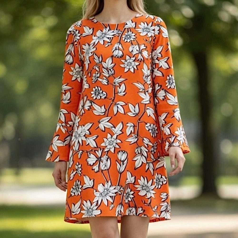 ESQUALO Women’s Long Sleeve Orange Botanical Shift Dress ~ Size 8 ~ NWT